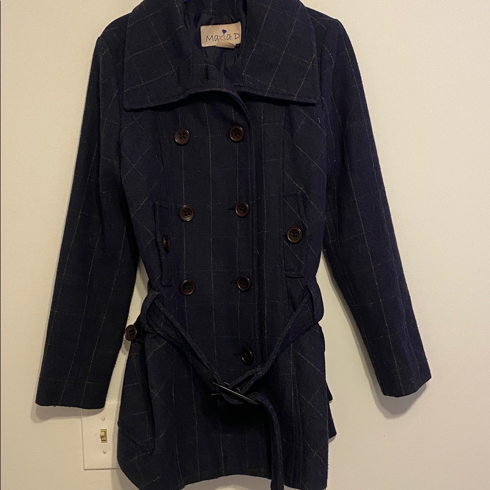 Wool blend Navy Double-Breasted Coat, thick fabric, belt repair. Good condition